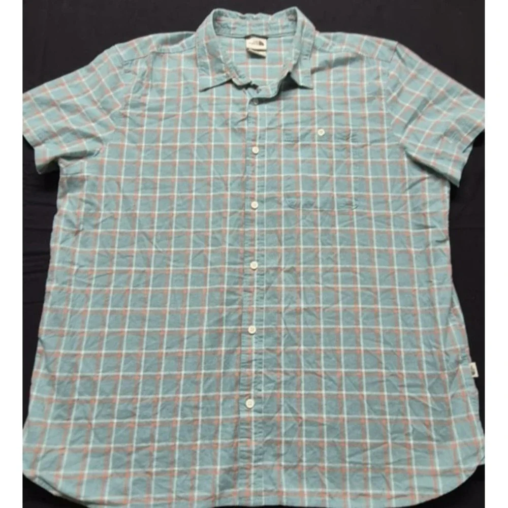 The North‎ Face men's blue/orange plaid short sleeve button down shirt sz. XL